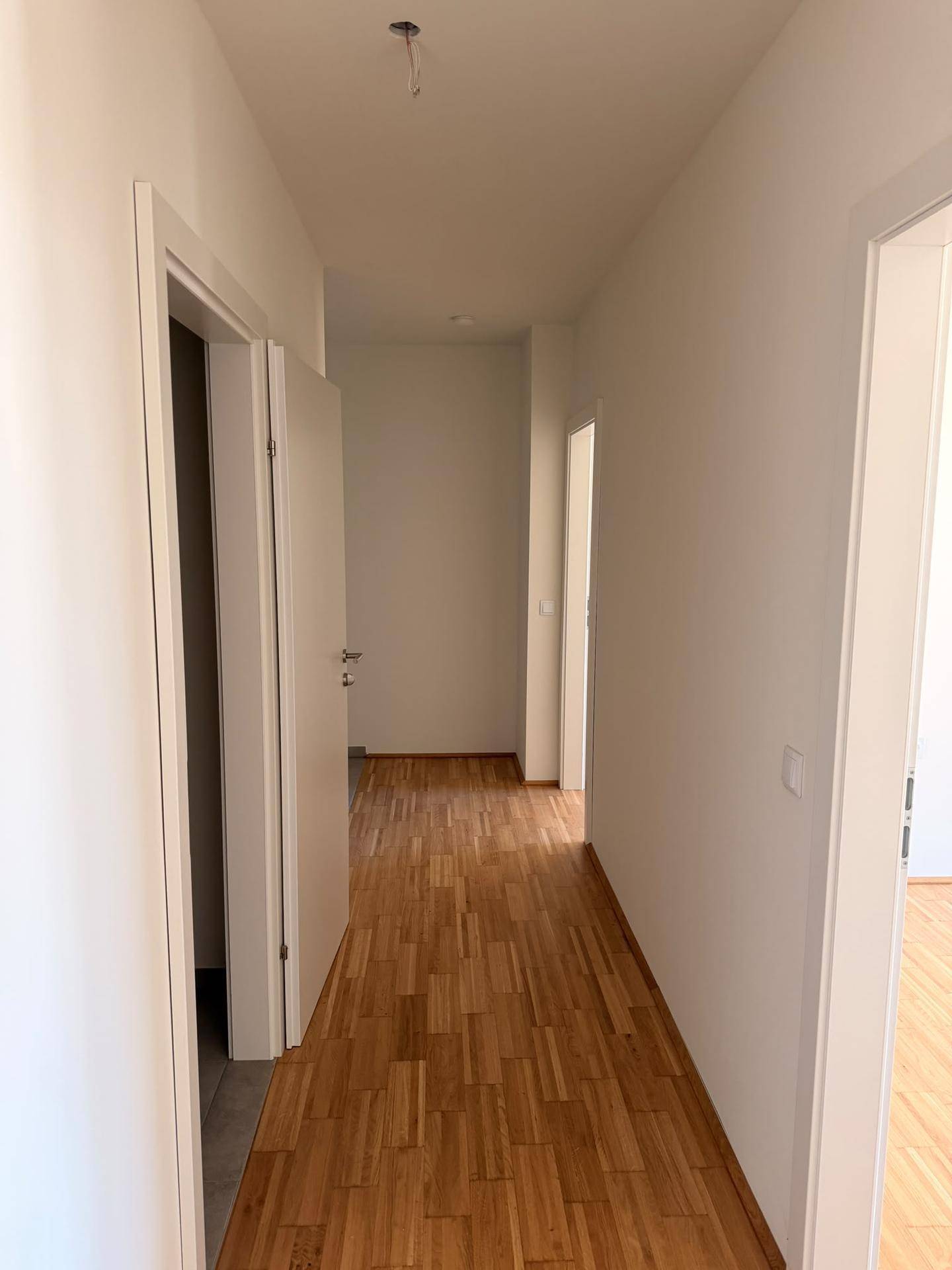 Langer, heller Flur mit Holzboden und mehreren Türen, die zu den angrenzenden Räumen führen.