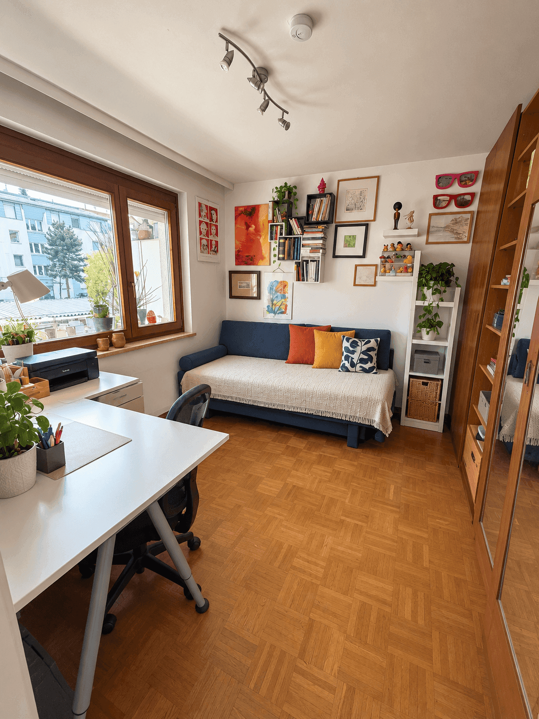 Vielseitiges Arbeitszimmer mit Schreibtisch, Sofa und Blick ins Grüne, ideal für Home-Office oder Gäste.