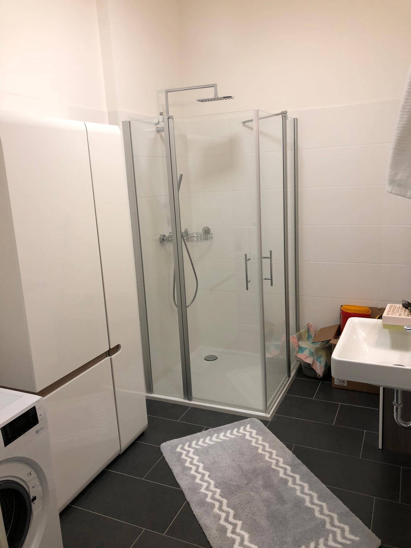 Modernes Badezimmer mit Duschkabine, Waschbecken und Waschmaschine.