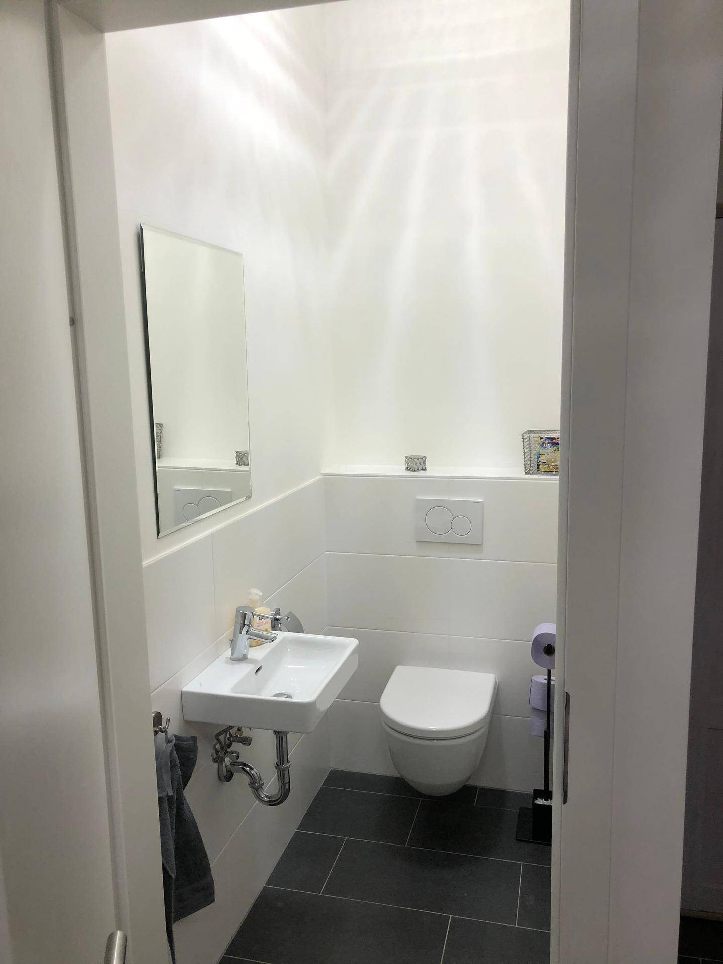 Modernes Gäste-WC mit Wand-WC, kleinem Waschbecken und dunklen Bodenfliesen.