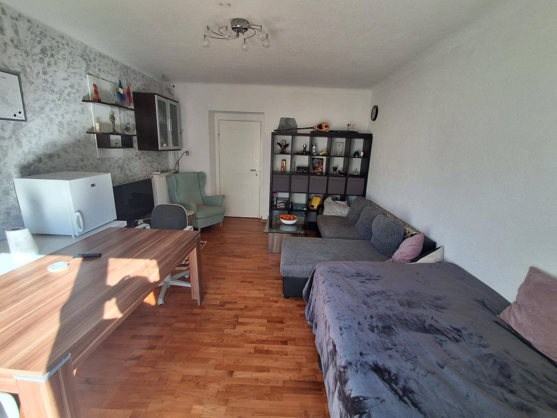 Heller Wohnbereich mit Sofa, Esstisch und Regalen, der auch als Schlafzimmer dient.