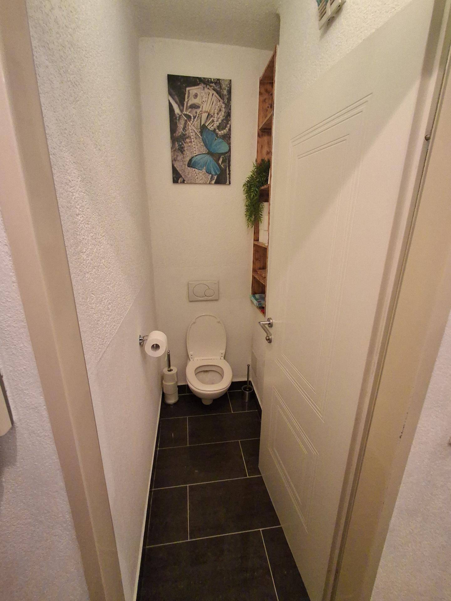 Separates Gäste-WC mit Toilette, dunklen Fliesen und einer Wanddekoration.