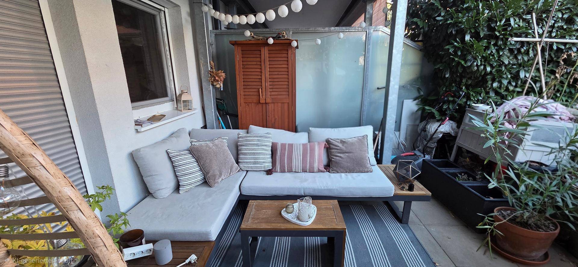 Gemütliche Terrasse mit Lounge-Möbeln und Lichterkette für entspannte Abende.