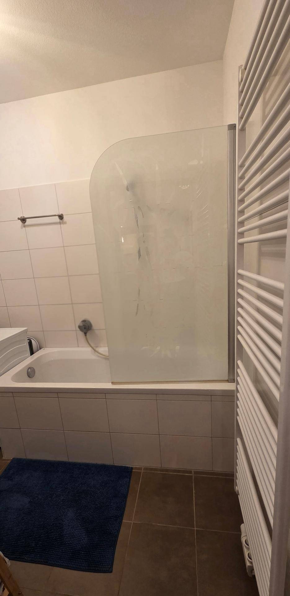 Badezimmer mit Badewanne, Duschwand und beheiztem Handtuchhalter.