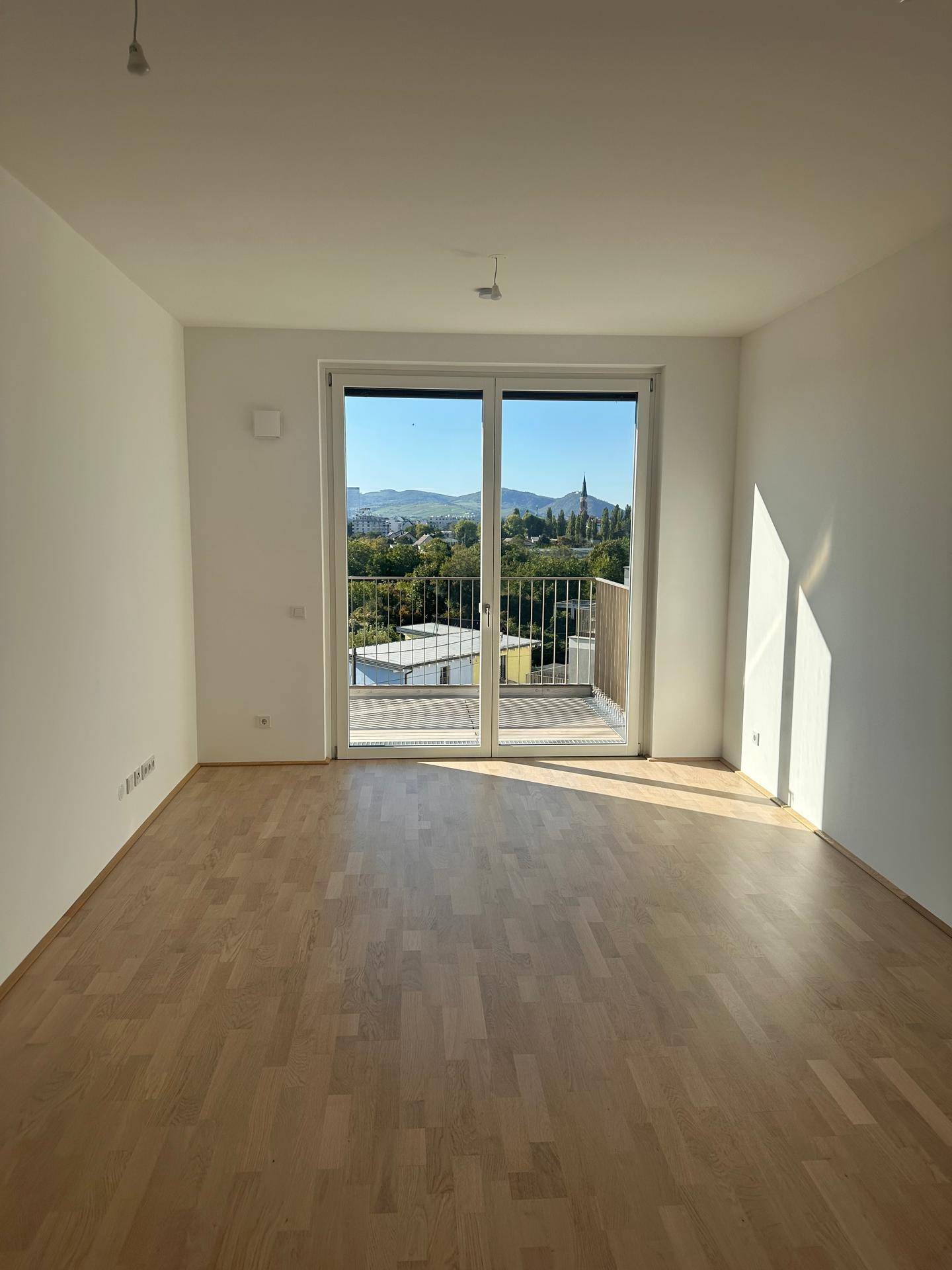 Heller, leerer Raum mit hellem Parkettboden und Zugang zu einem Balkon mit schöner Aussicht.