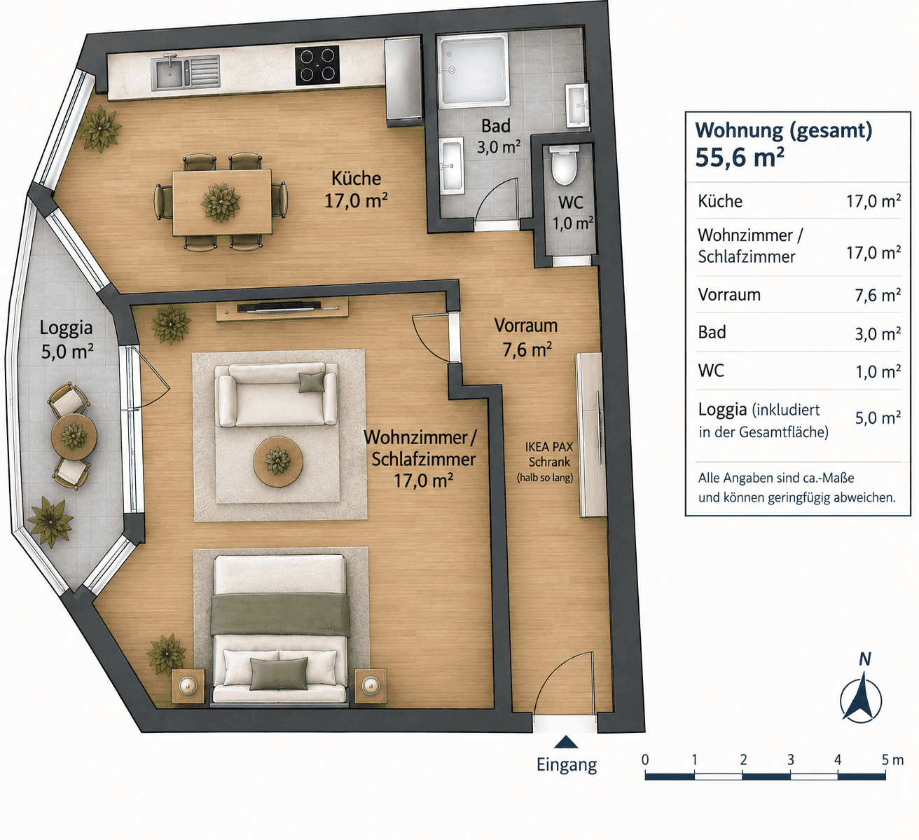 Detaillierter Grundriss einer 55,6 m² großen Wohnung mit Loggia und zwei Zimmern.