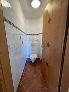 Kleines WC mit terracottafarbenen Fliesen, wandhängendem WC und dekorativer Bordüre.
