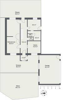 Grundriss des Erdgeschosses mit Wohnzimmer, Küche, WC, Terrasse und Garage.