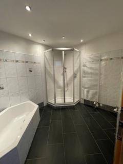 Modernes Badezimmer mit Dusche, Badewanne, Handtuchheizkörper und dunklen Fliesen.