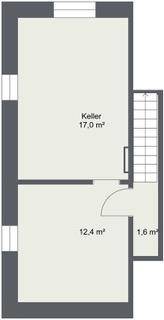 Grundriss des Kellergeschosses mit zwei Kellerräumen und Treppenaufgang.