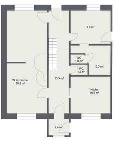 Grundriss des Erdgeschosses mit Wohnzimmer, Küche, WC, Terrasse und Garage.