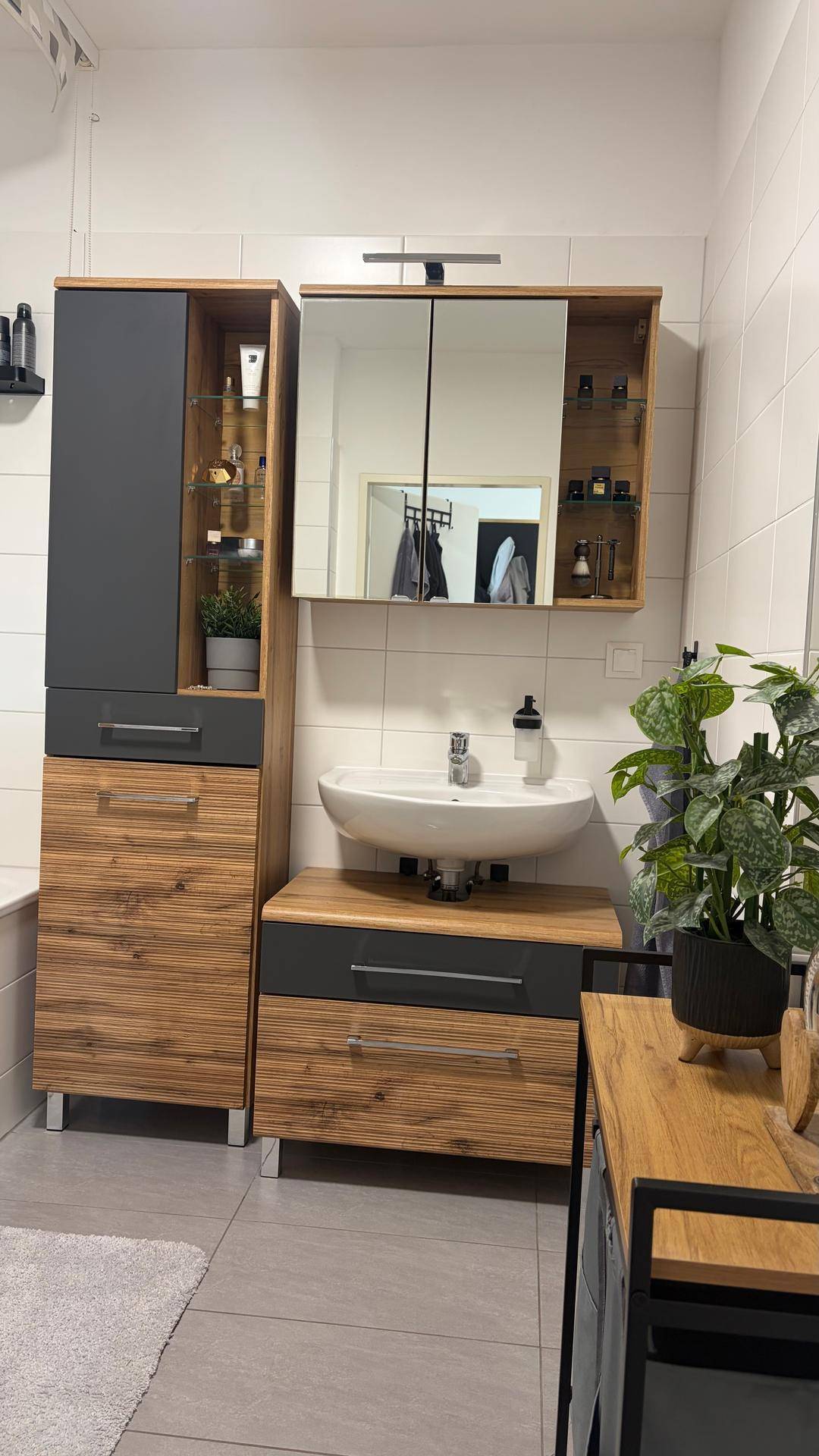 Detailansicht des Waschbereichs mit modernem Waschbecken, Spiegelschrank und Holzmöbeln.
