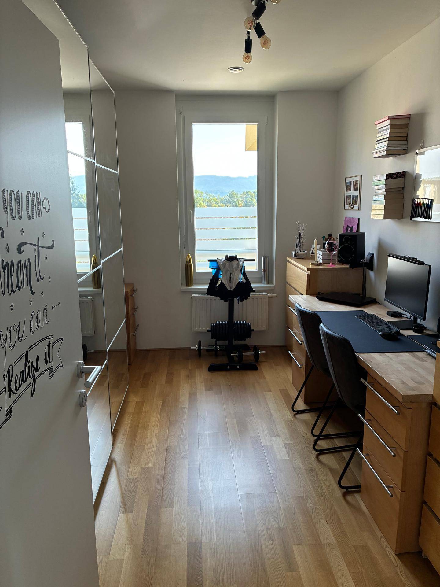 Helles Arbeitszimmer mit Schreibtisch, Spiegelschrank und Fenster mit Weitblick.