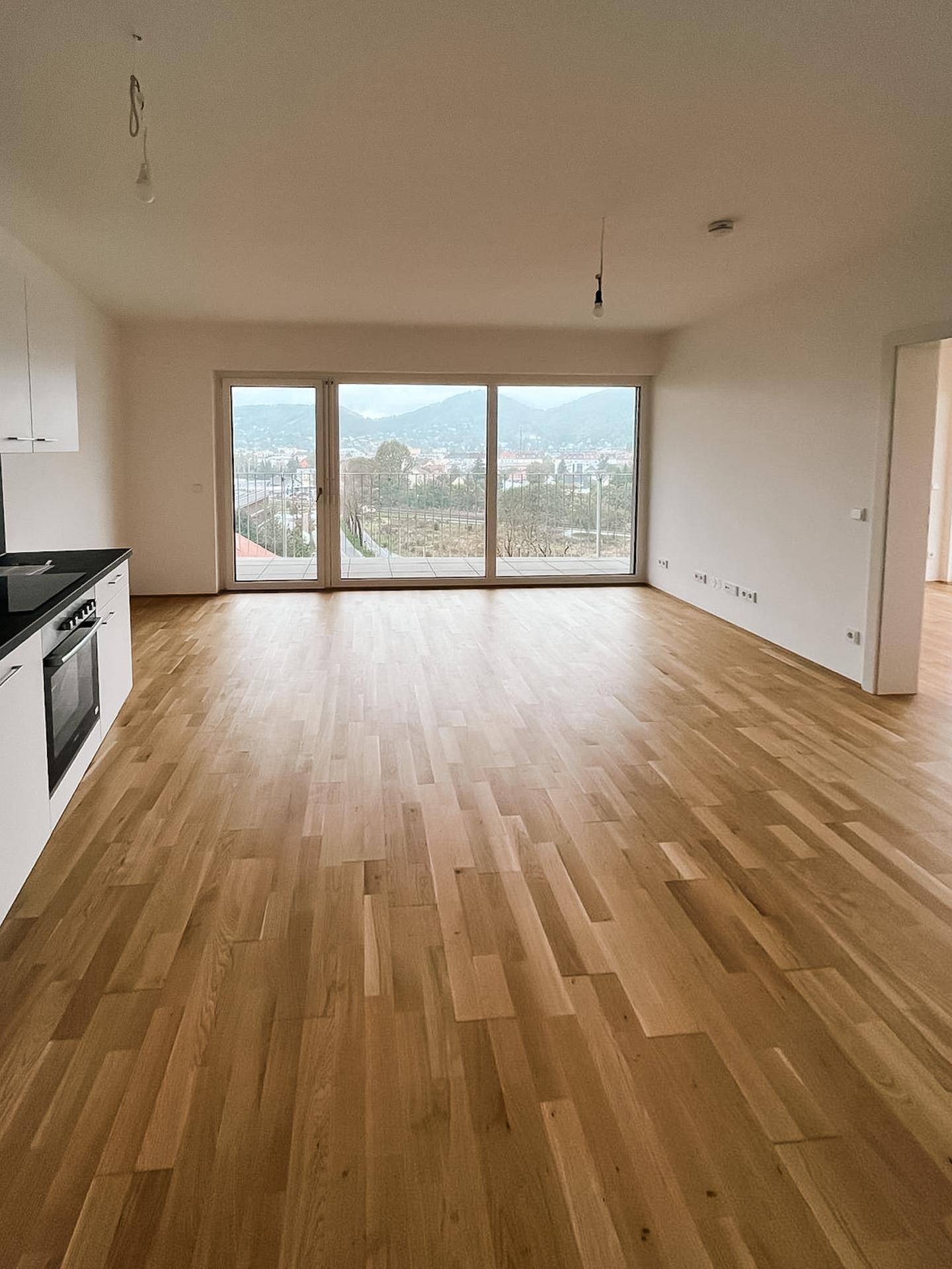 Geräumiger, leerer Wohnbereich mit Holzboden und großen Fenstern mit Weitblick.