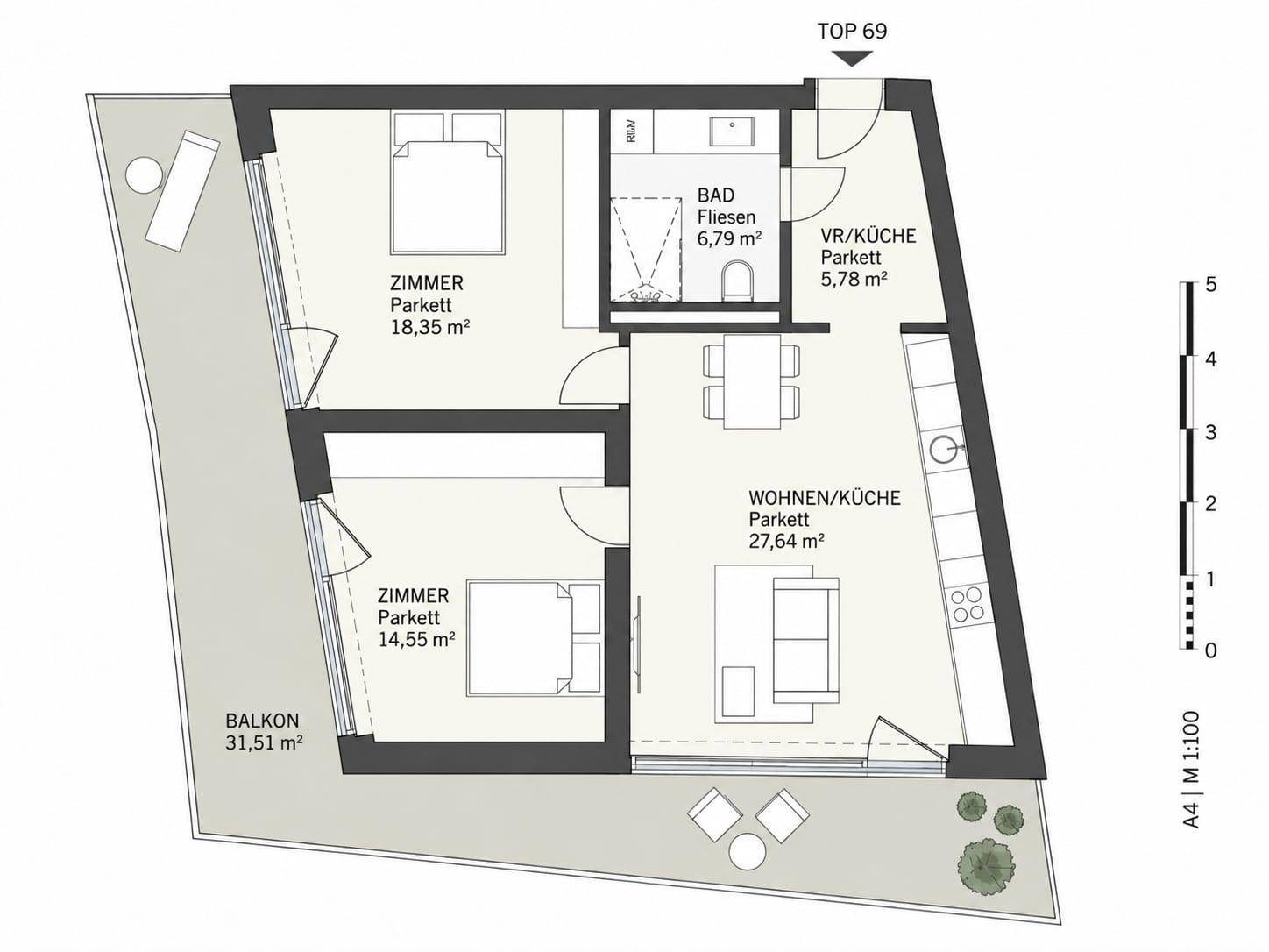 Grundriss der Wohnung mit zwei Zimmern, Wohnküche, Bad und großem Balkon.