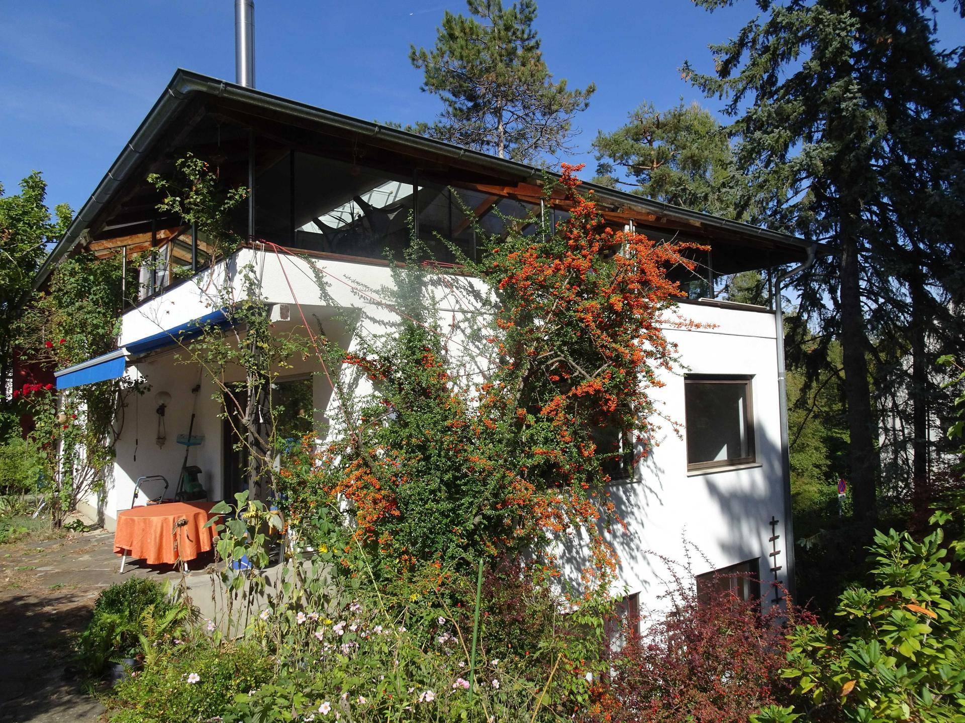 Seitliche Ansicht des Hauses mit üppigem Garten und vielen Pflanzen unter blauem Himmel.