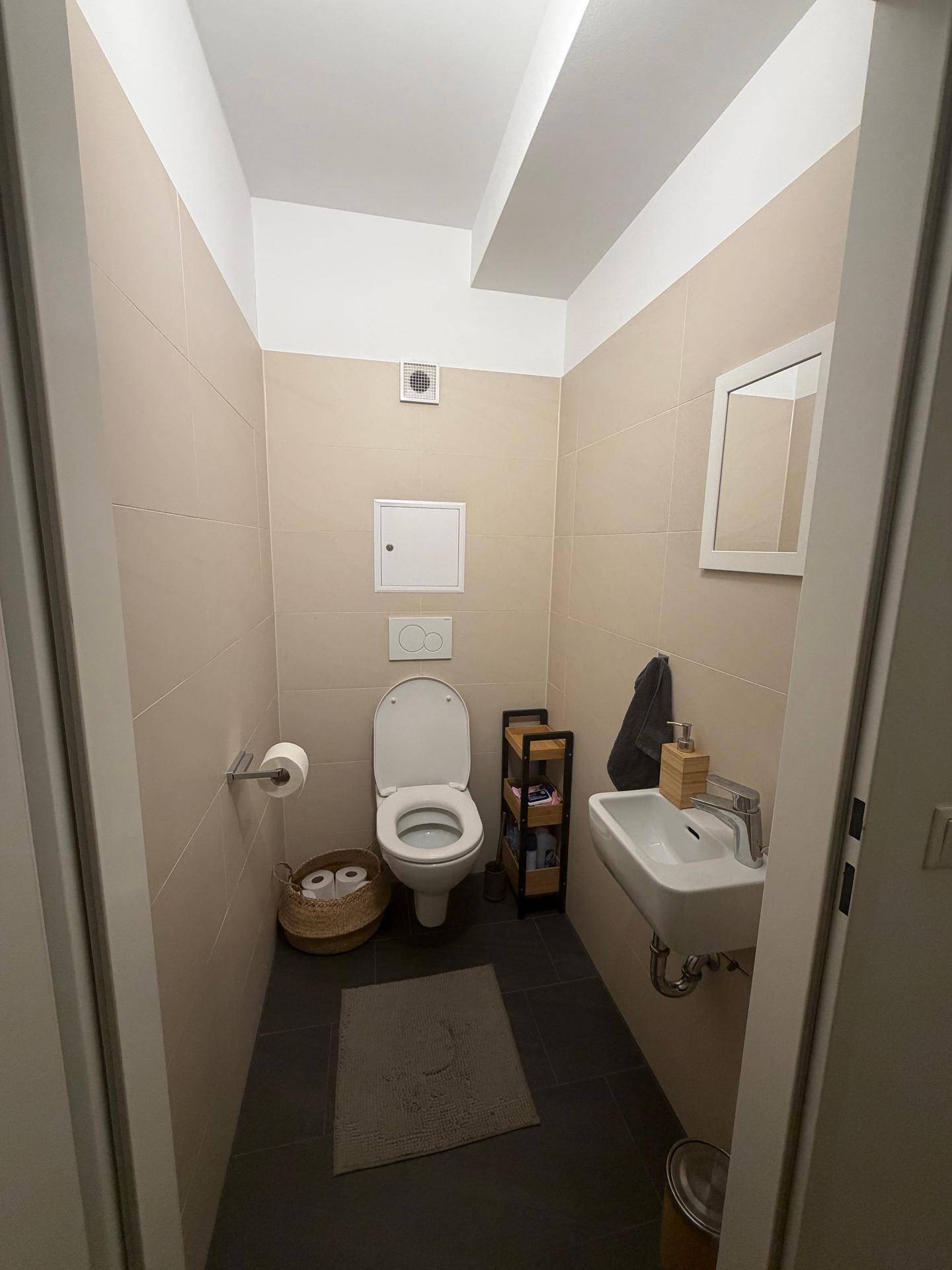 Modernes Gäste-WC mit beigefarbenen Fliesen, dunklem Boden und wandhängendem WC.