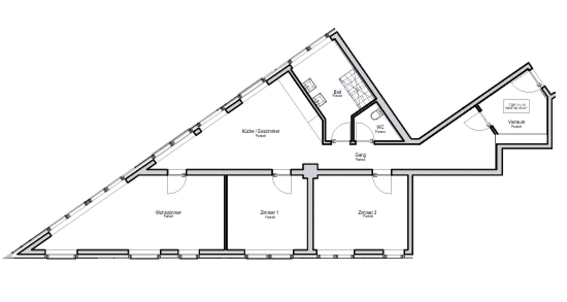 Grundriss des Dachgeschosses mit Küche, Bad, WC und drei Zimmern.