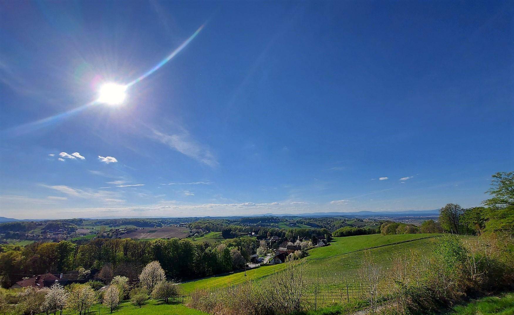 Sonnige Landschaft mit weiten grünen Feldern, Bäumen und einem strahlend blauen Himmel.