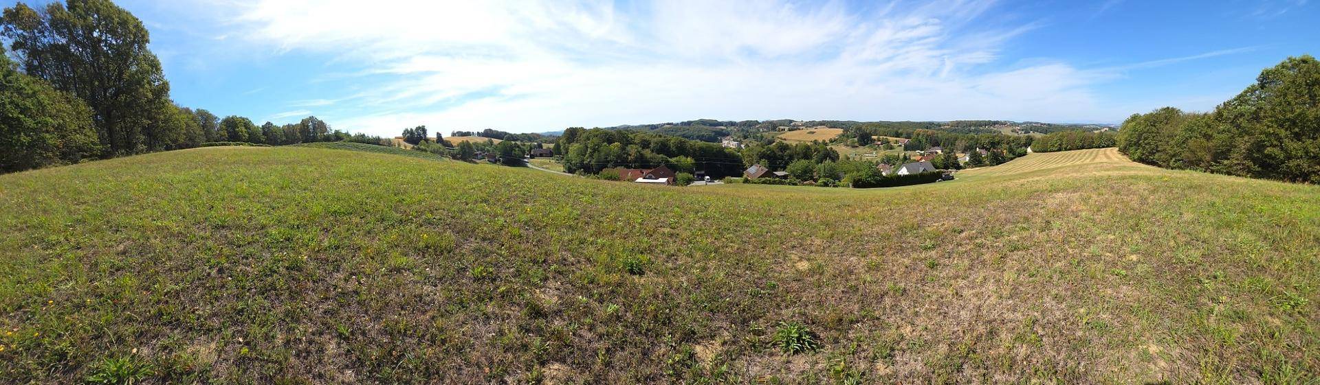 Weitläufige Grünfläche mit sanften Hügeln und Bäumen im Hintergrund unter einem weiten Himmel.