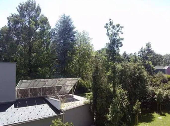 Dachterrasse oder großer Balkon mit Pergola und umgeben von üppigem Grün und Bäumen.