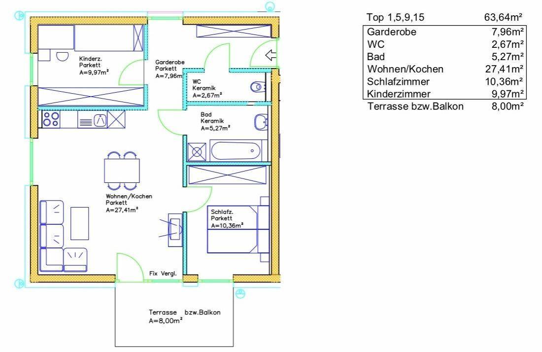 Grundriss einer Wohnung mit drei Zimmern, Bad, WC und Terrasse auf 63,64m².