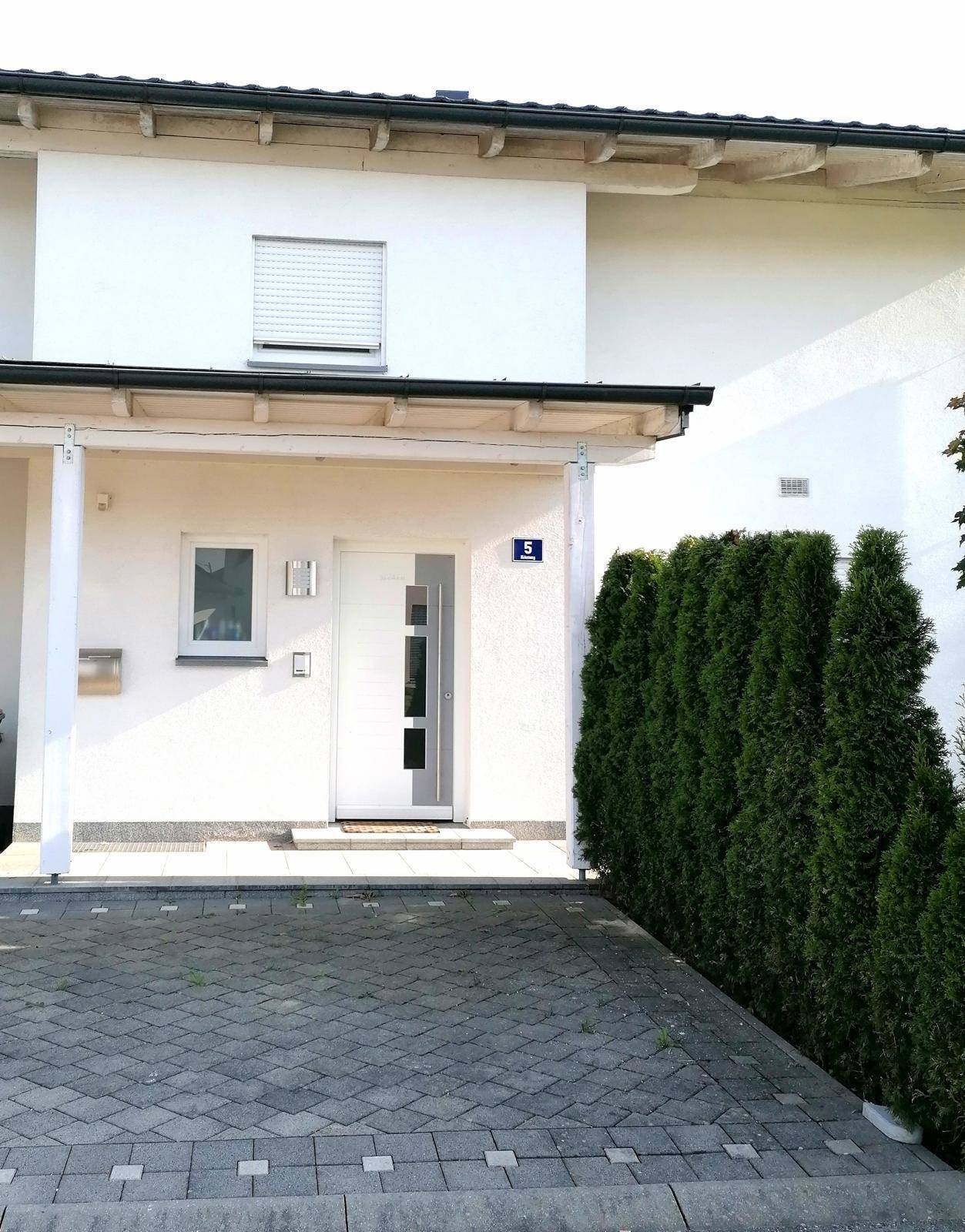 Eingangsbereich des Hauses mit moderner Haustür, Carport und gepflastertem Zugang.