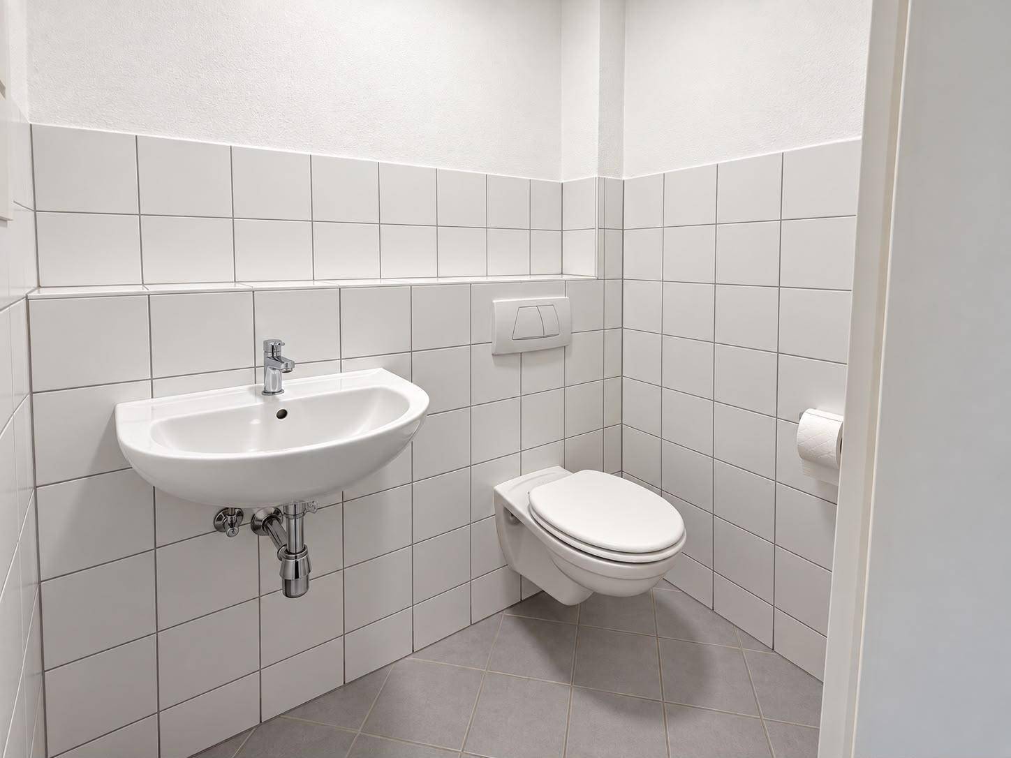 Kleines Gäste-WC mit weißen Wandfliesen, einem wandhängenden WC und einem Waschbecken.
