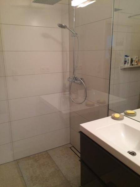Modernes Badezimmer mit ebenerdiger Dusche, Waschbecken und großen hellen Fliesen für Komfort und Stil.