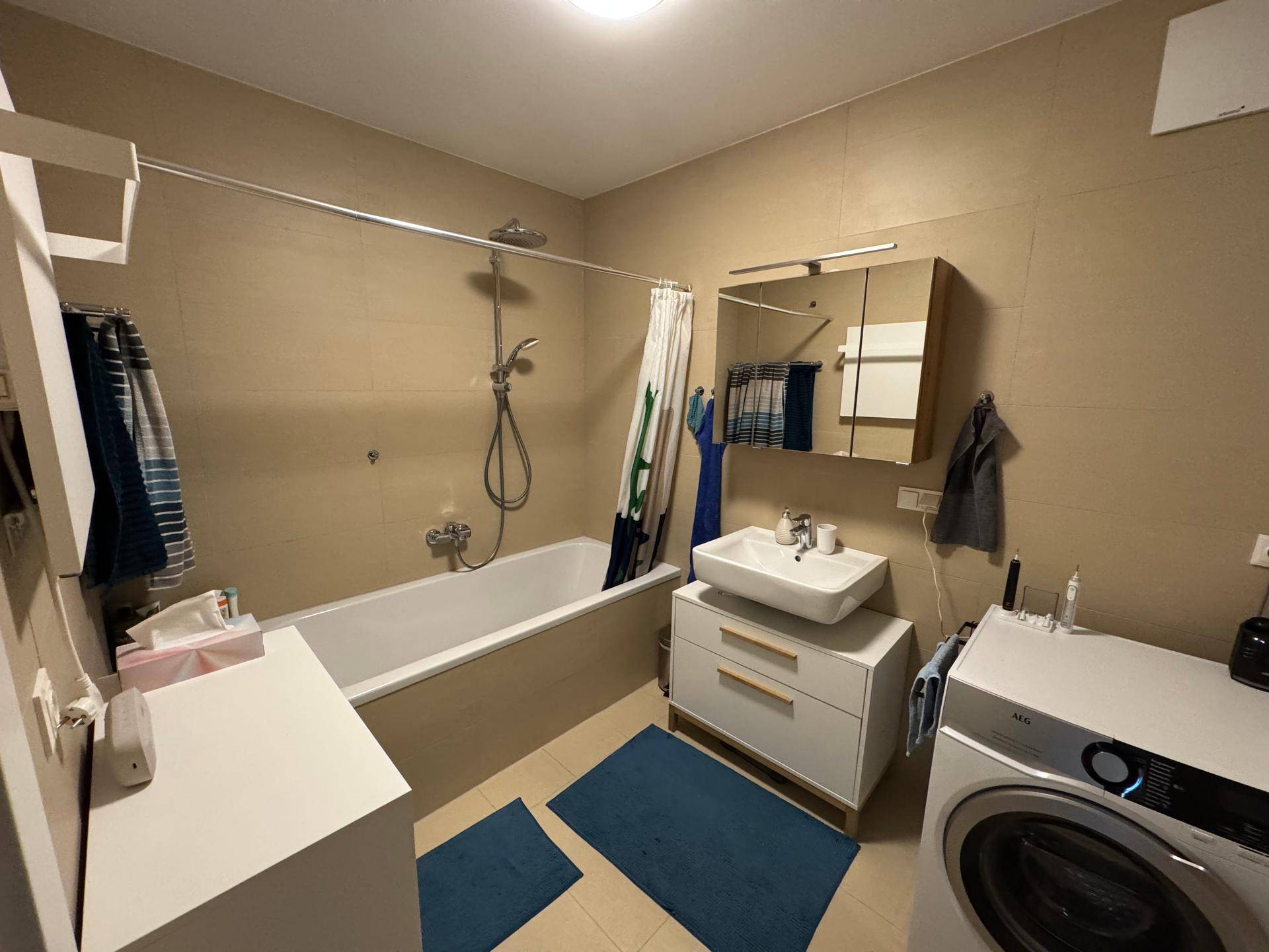 Badezimmer mit Badewanne, Duschfunktion, Waschbecken und Spiegelschrank.