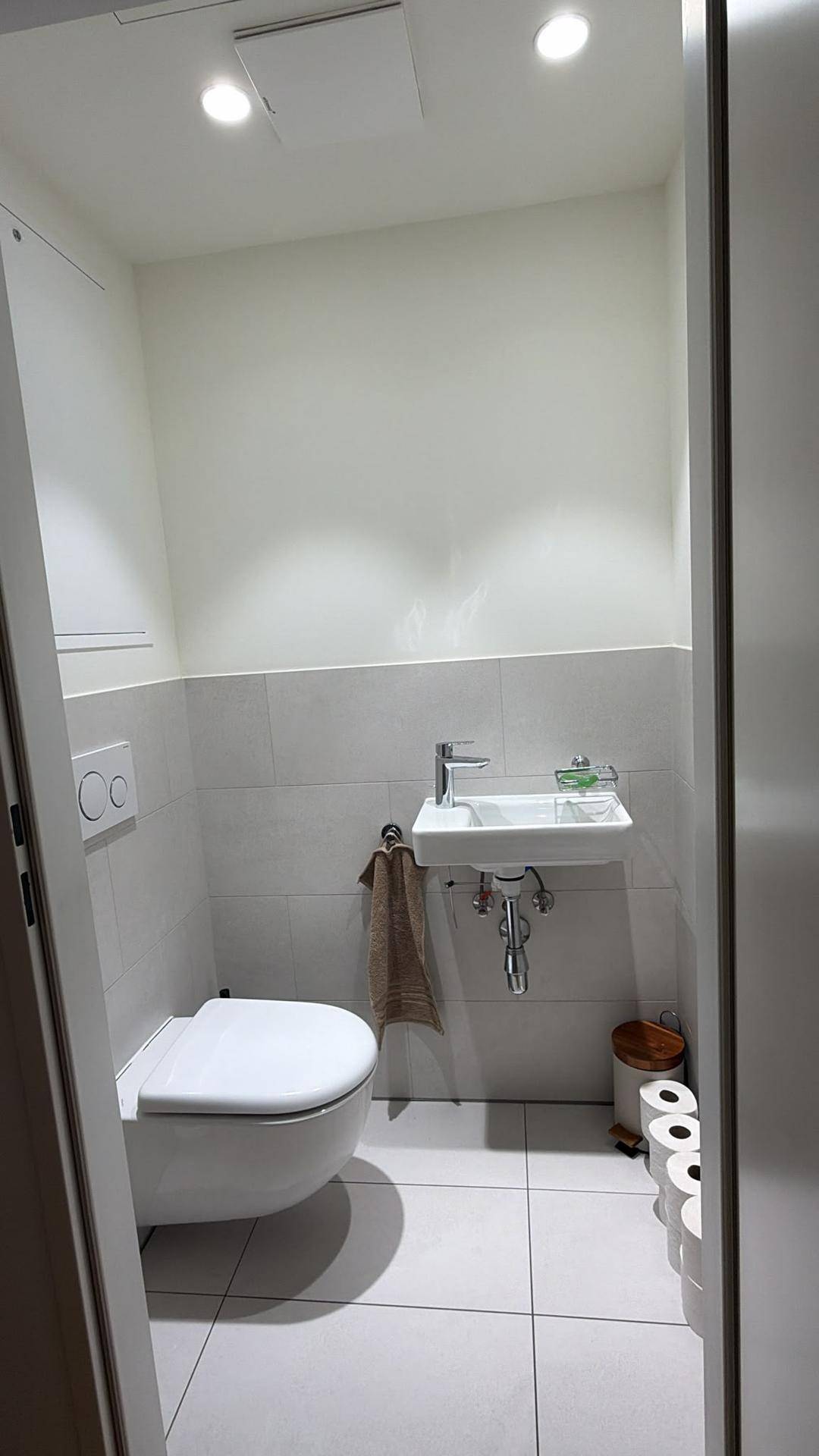 Kompaktes Gäste-WC mit wandhängender Toilette und kleinem Handwaschbecken in minimalistischem Stil.