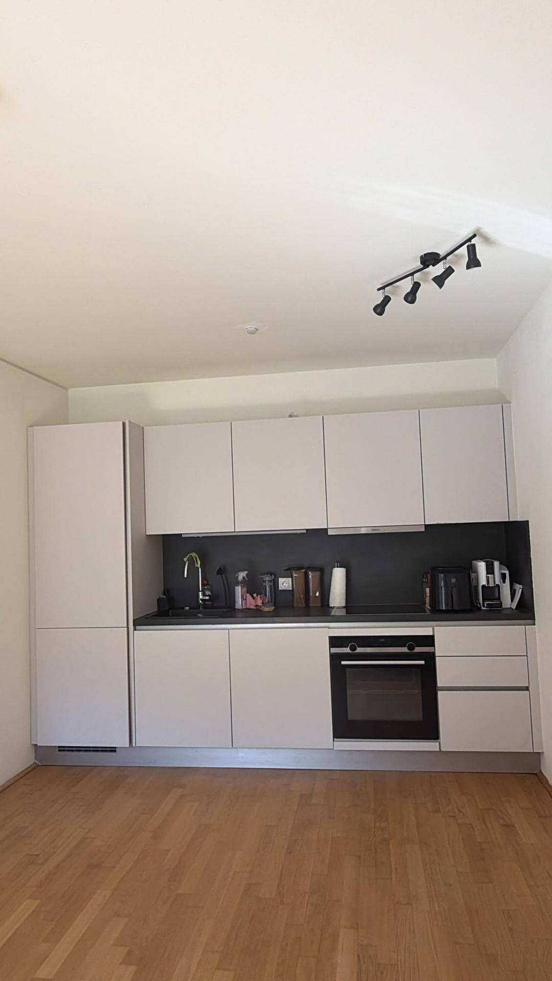 Moderne Einbauküche mit hellgrauen Schränken, integriertem Backofen und dunkler Arbeitsplatte.