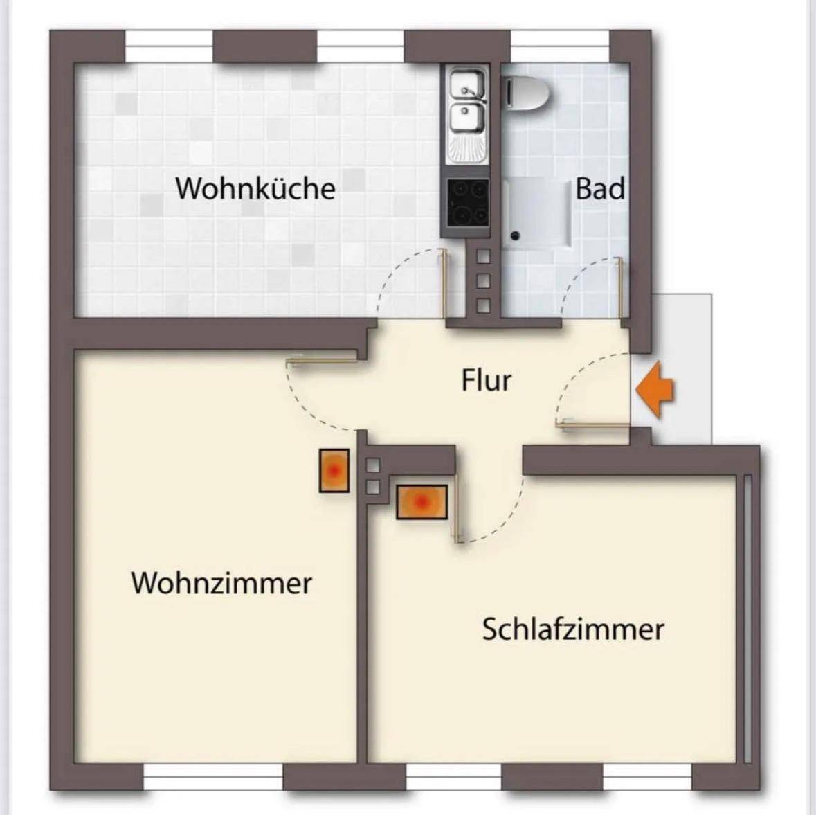Grundriss einer Wohnung mit Wohnküche, Wohnzimmer, Schlafzimmer, Bad und Flur.