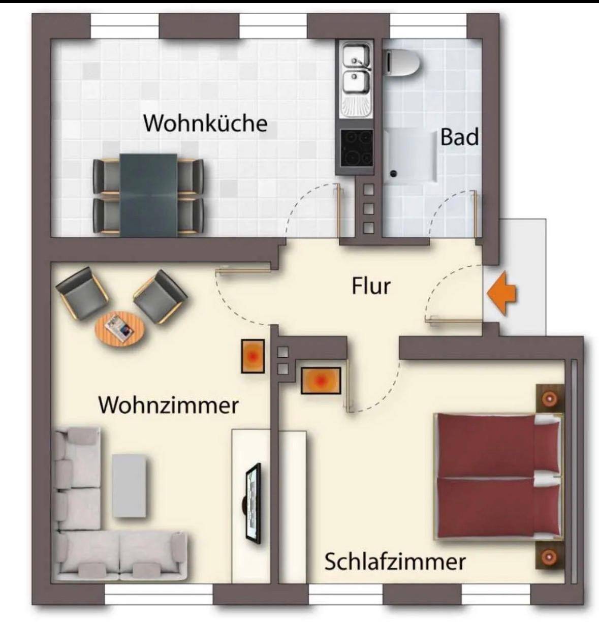 Grundriss einer Wohnung mit Wohnküche, Wohnzimmer, Schlafzimmer, Bad und Flur.