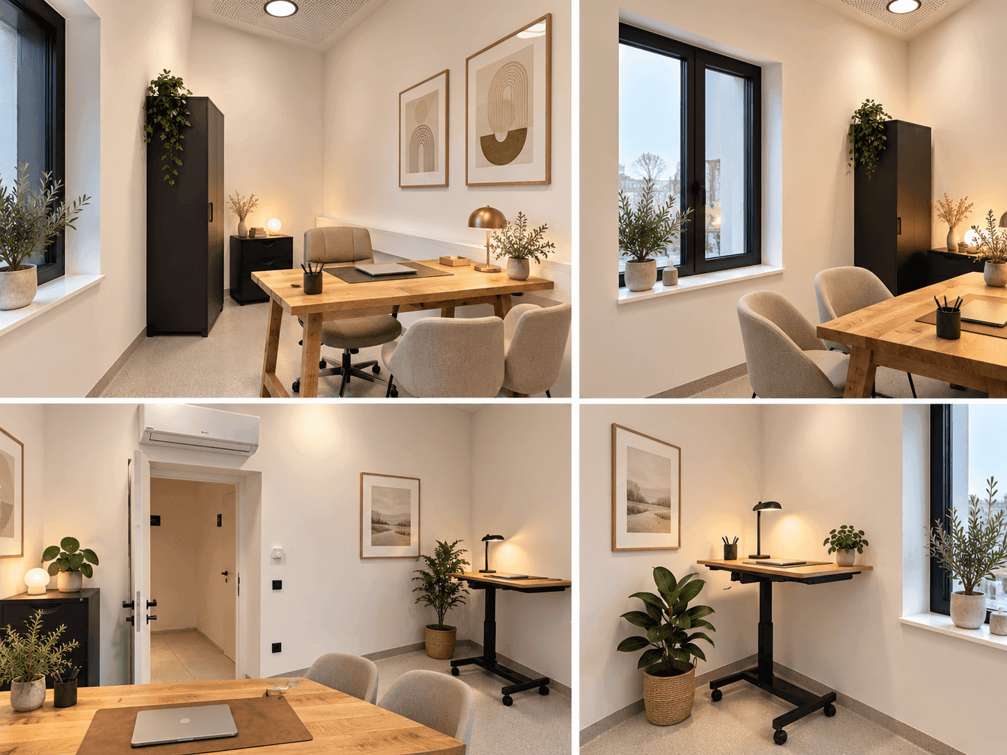 Verschiedene Ansichten eines modernen Büros mit Holztisch, ergonomischen Stühlen und Pflanzen.