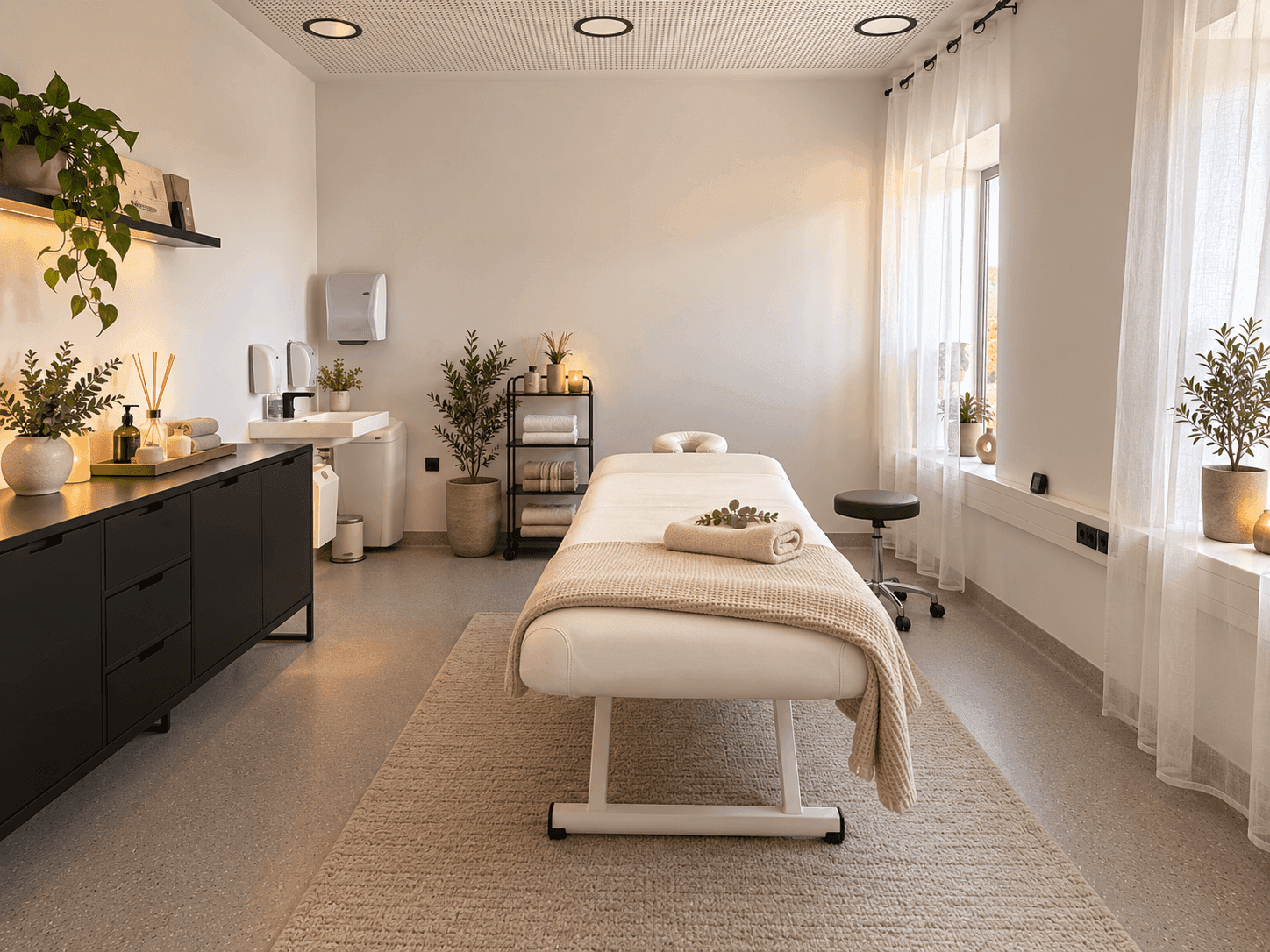 Helles Behandlungszimmer mit Massageliege, Teppich und großen Fenstern für viel Tageslicht.