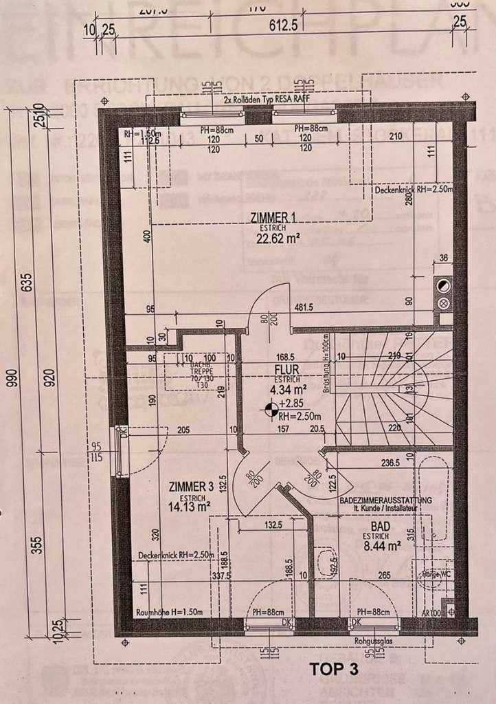 Grundriss des Obergeschosses mit zwei Schlafzimmern und einem Badezimmer.
