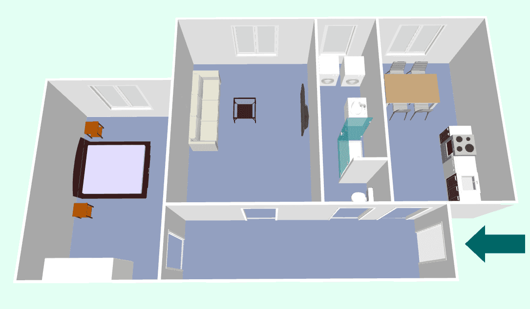 Detaillierter 3D-Grundriss einer Wohnung mit Eingangspfeil, Schlafzimmer und offenem Wohnbereich.