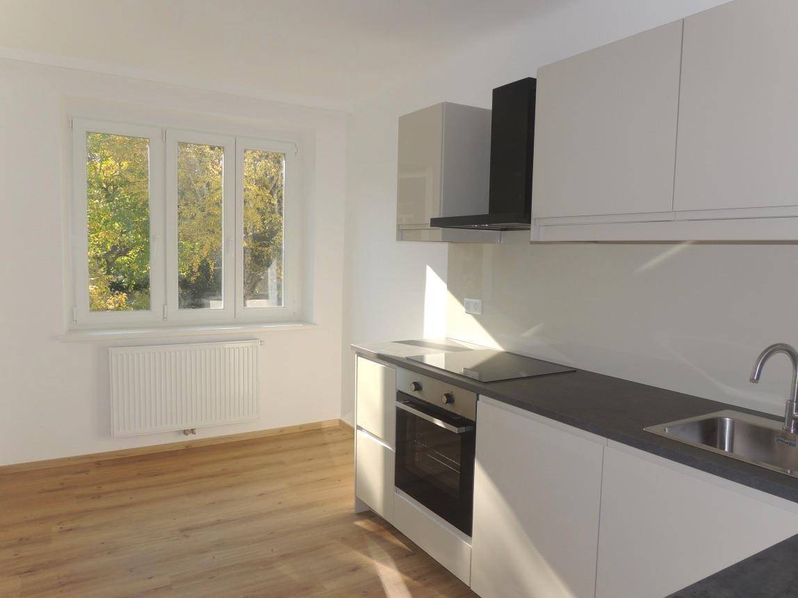 Moderne Küche mit hellgrauen Schränken, dunkler Arbeitsplatte und Blick ins Grüne.