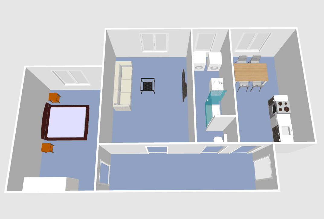 Dreidimensionaler Grundriss einer Wohnung mit Schlafzimmer, Wohnbereich und offener Küche.