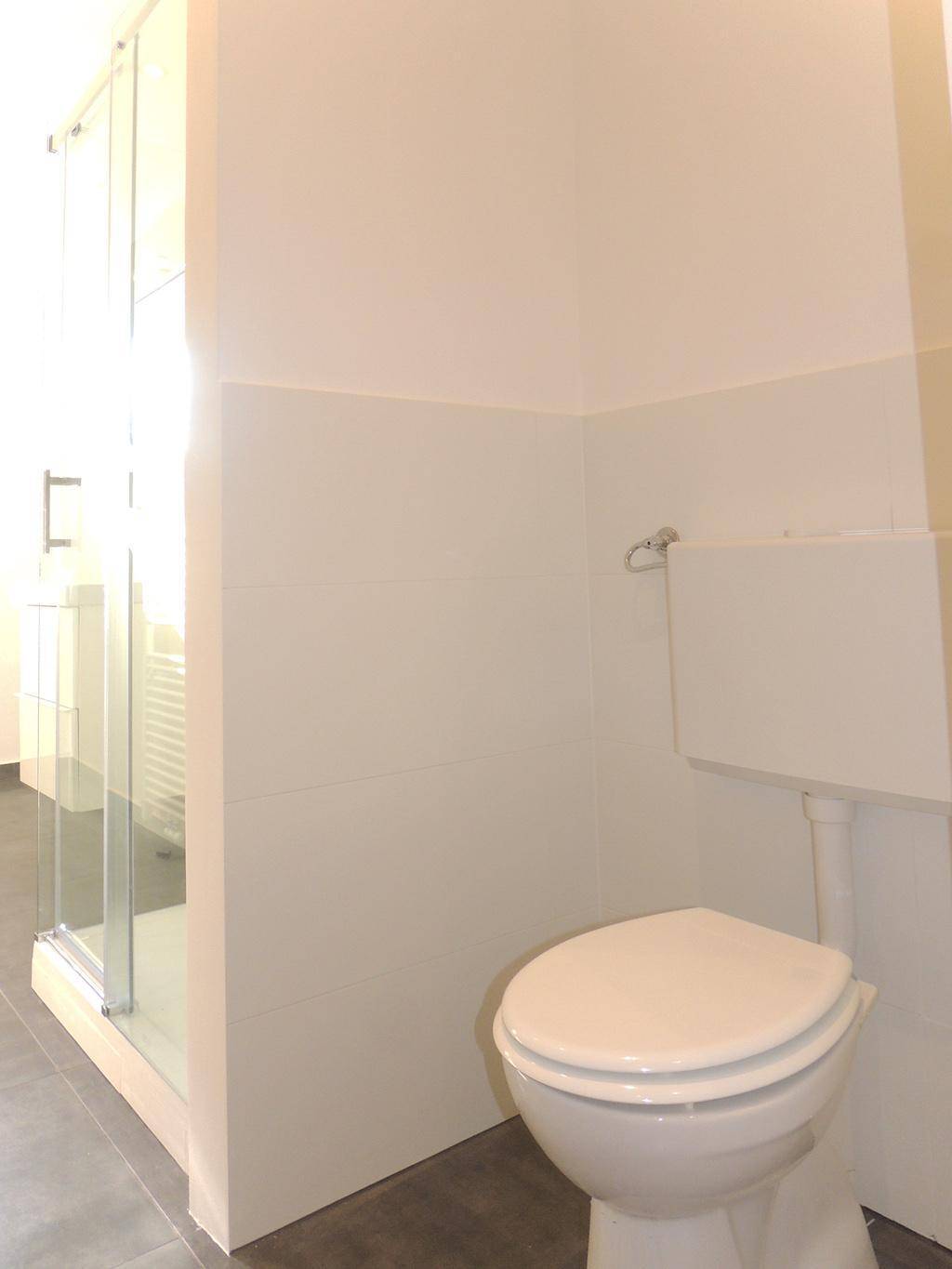 Separate Toilette im Badezimmerbereich mit dunklen Bodenfliesen und Duschkabine im Hintergrund.