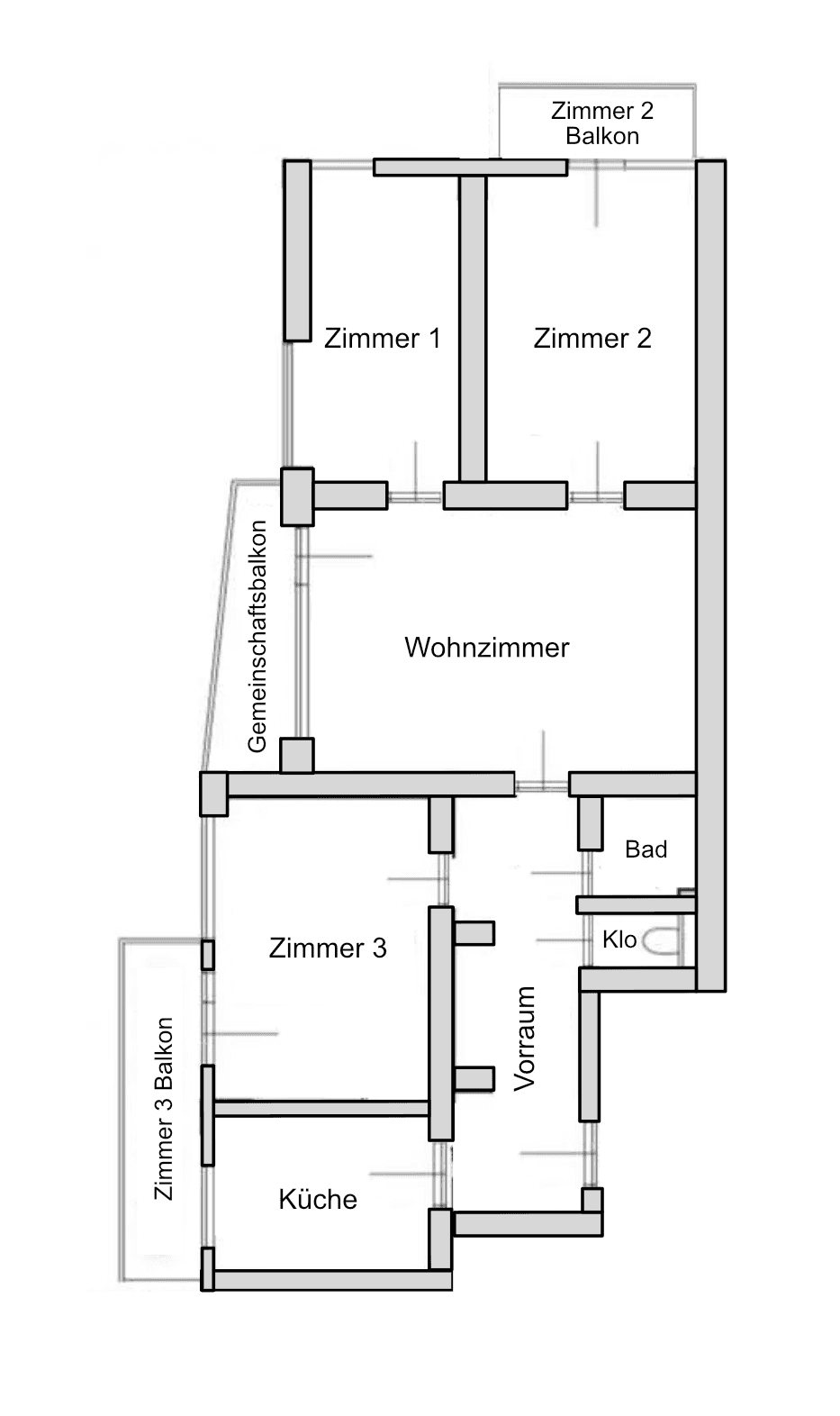 Grundrissplan einer Wohnung mit drei Zimmern, Wohnzimmer, Küche und mehreren Balkonen.
