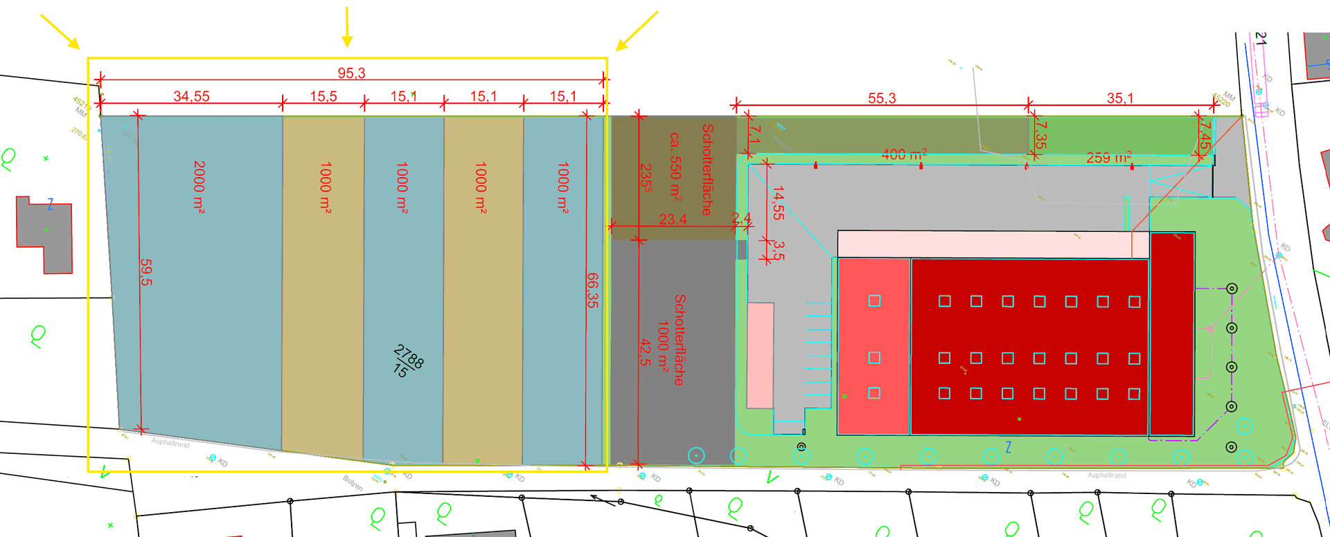 Detaillierter Lageplan mit Grundstücksgrenzen, Flächenangaben und Gebäudestruktur.