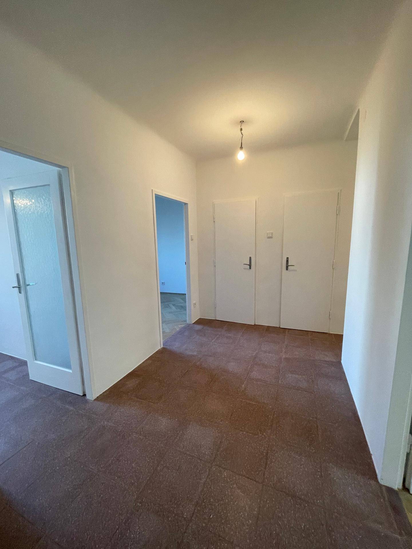 Geräumiger Flur mit braunen Fliesen und mehreren Türen, die verschiedene Zimmer erschließen, gut beleuchtet.