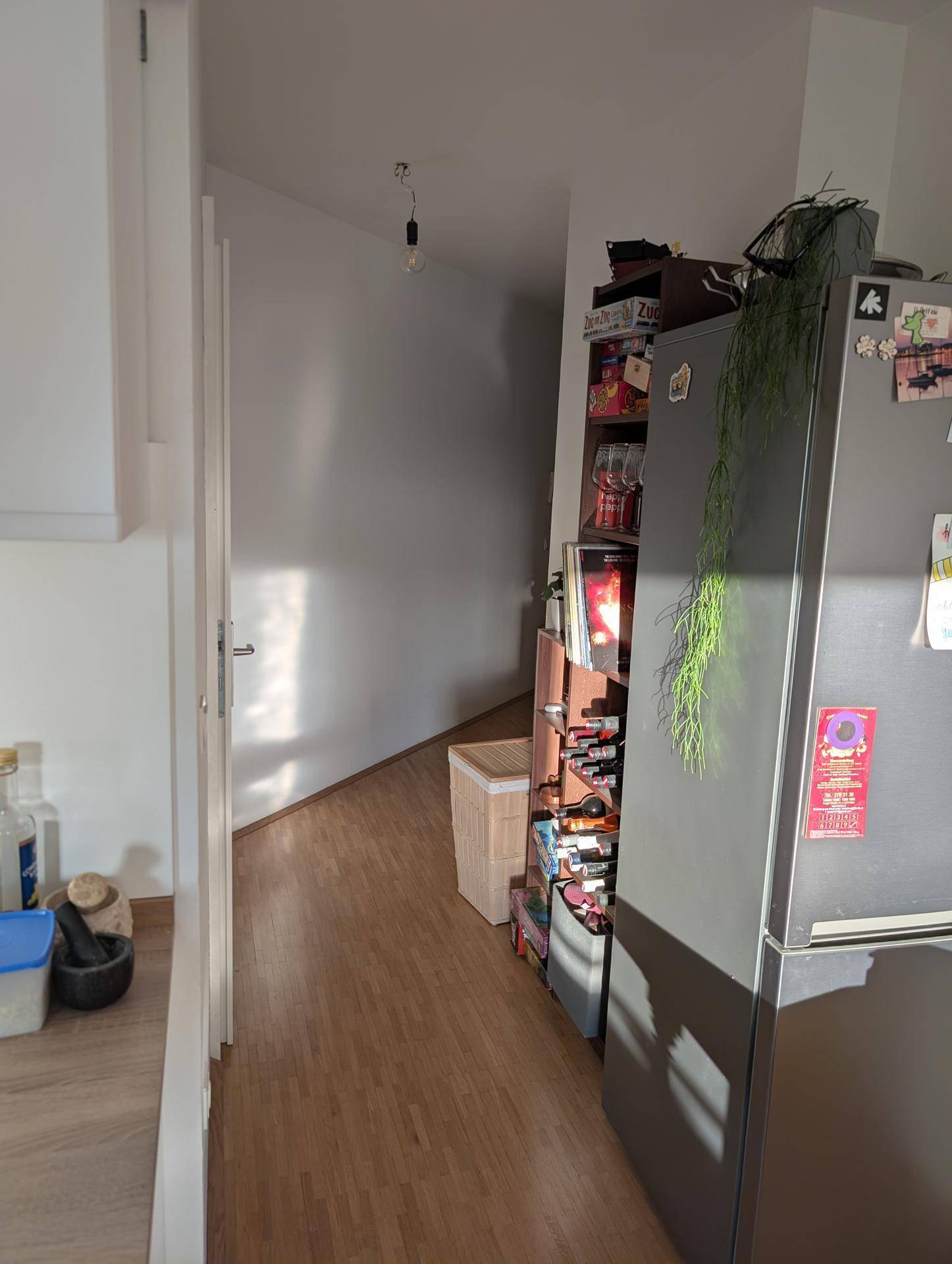 Schmaler Flur neben der Küche mit Kühlschrank und Regalen, führt zu weiteren Räumen.