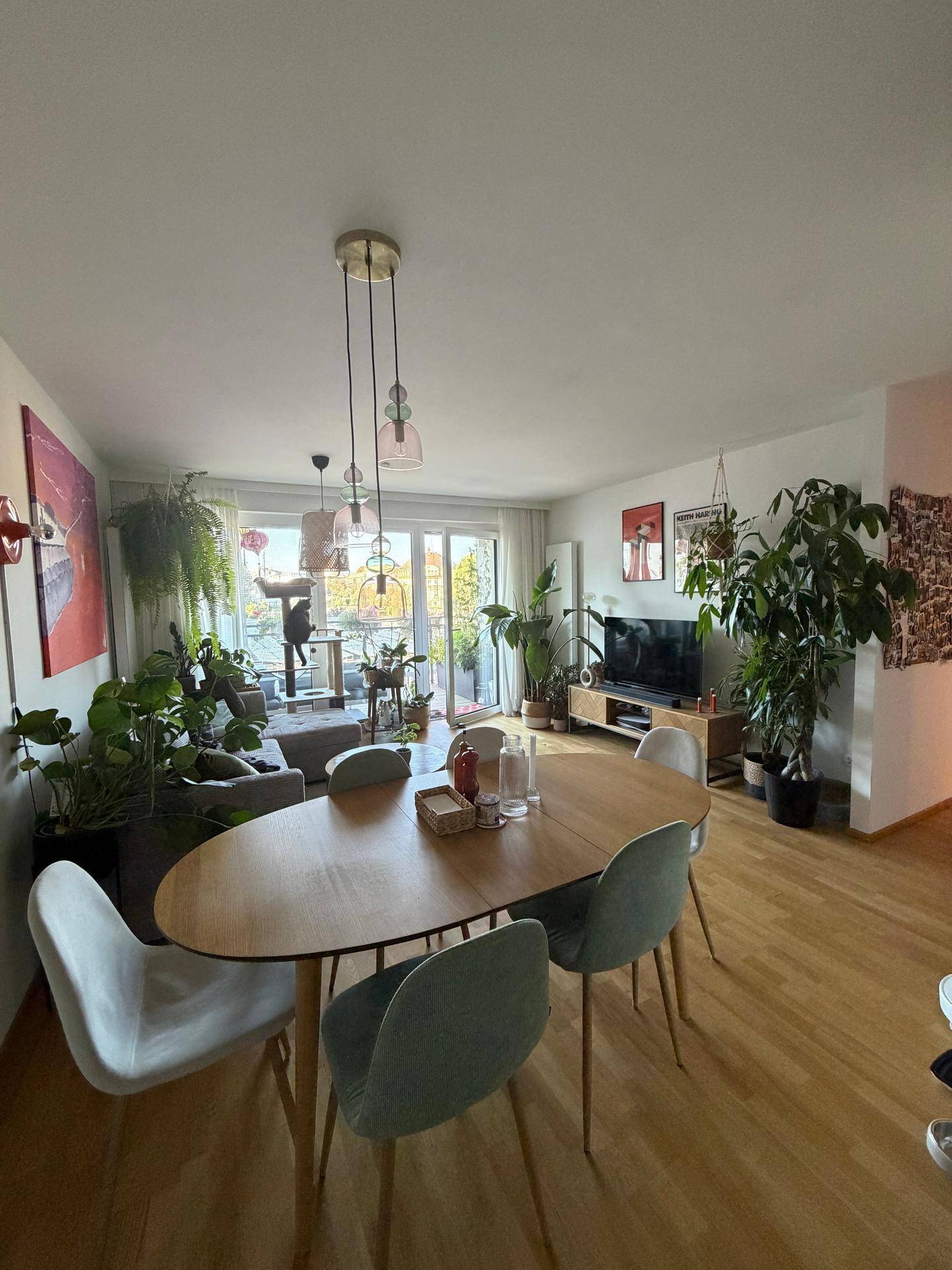 Gemütlicher Wohn-Essbereich mit vielen Pflanzen, Holztisch und Zugang zum Balkon.