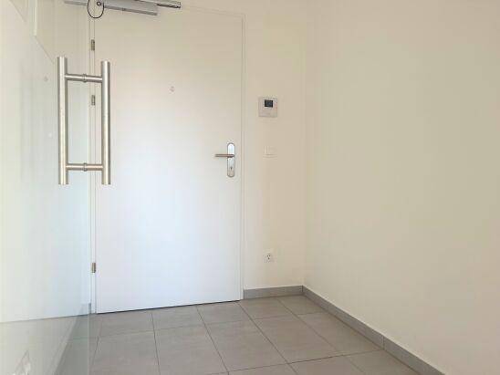 Eingangsbereich der Wohnung mit grauen Fliesen und einer modernen Eingangstür.