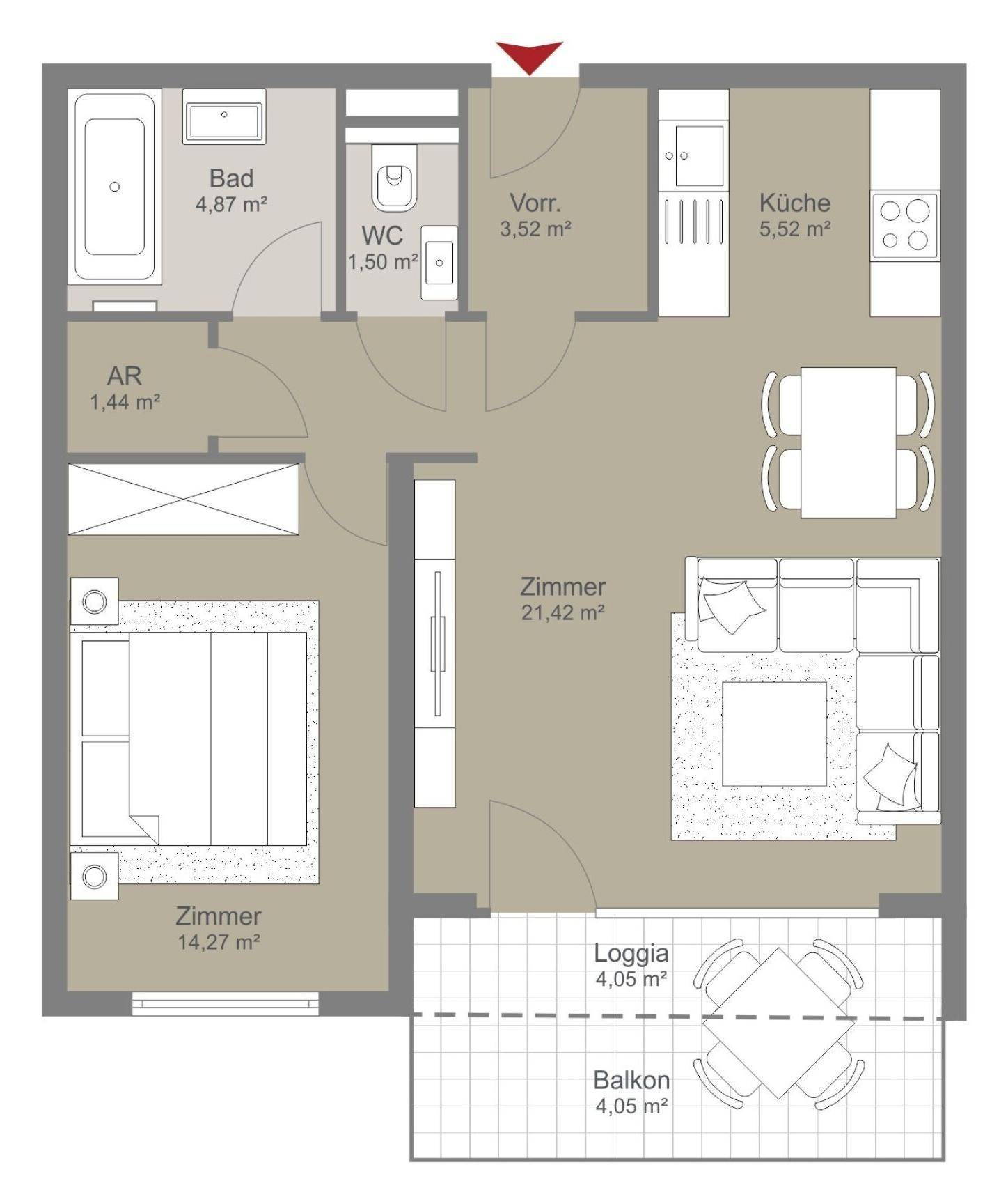 Detaillierter Grundriss einer Wohnung mit Bad, WC, zwei Zimmern, Küche, Loggia und Balkon.