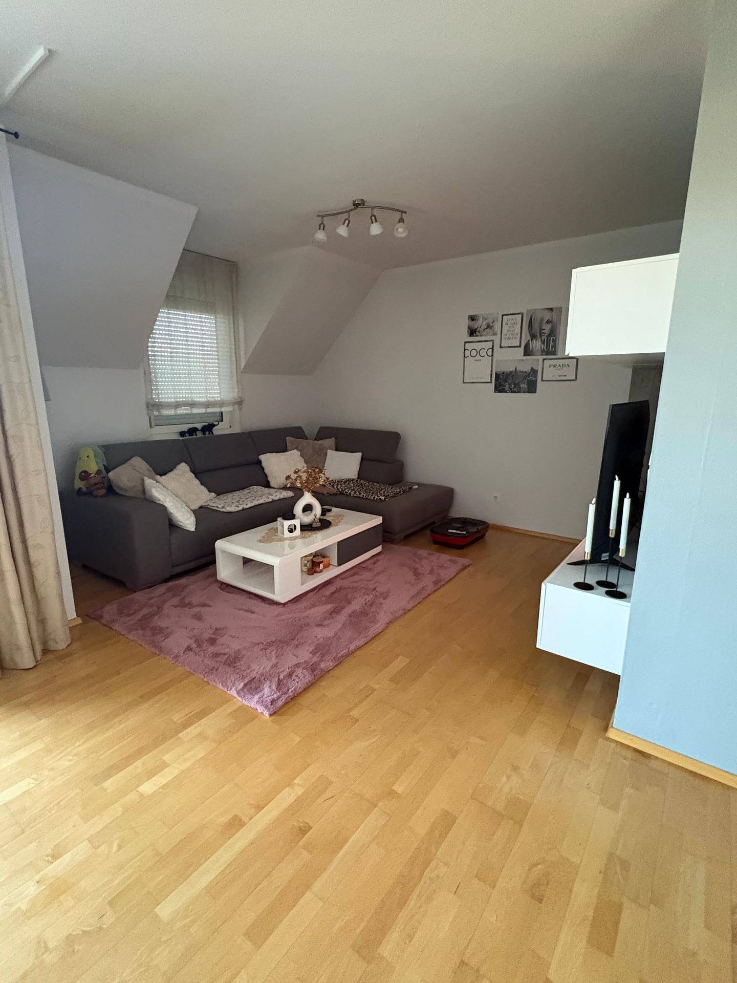Gemütliches Wohnzimmer mit grauem Sofa, hellem Holzboden und Dachschrägenfenster für natürliches Licht.