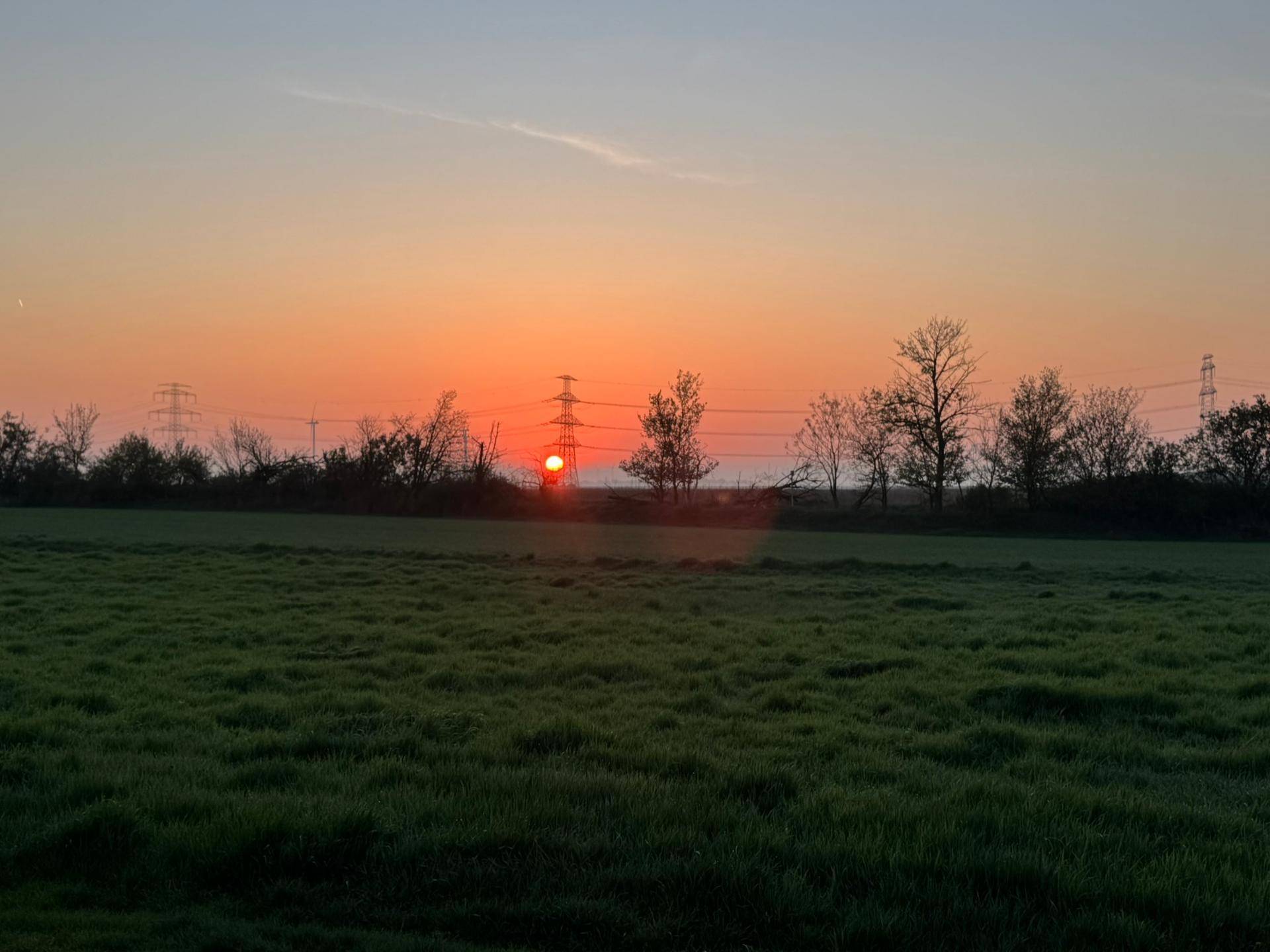 Malerischer Sonnenuntergang über einer weiten grünen Landschaft mit Bäumen.